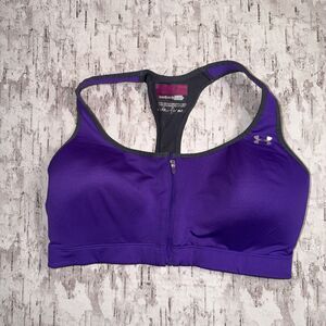 Under Armour Purple Sports Bra 38DD Racerback Zip Front Wire Free Heat Gear